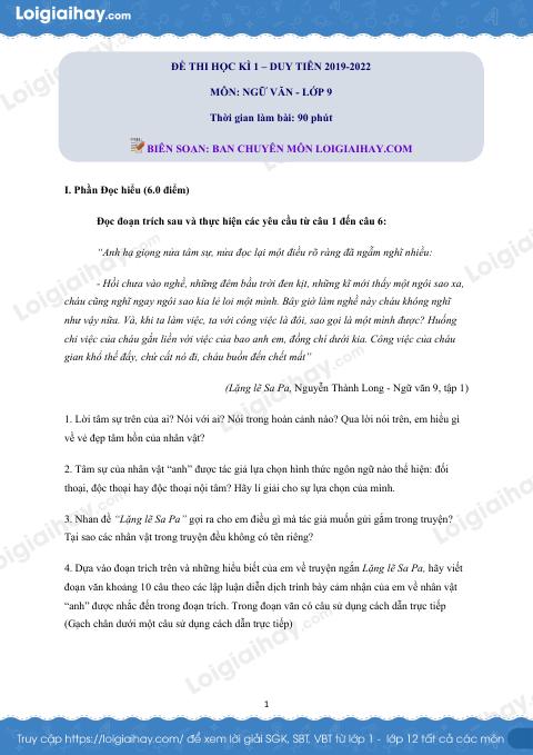 Giải đề thi kì 1 môn Văn lớp 9 năm 2019 - 2020 Duy Tiên